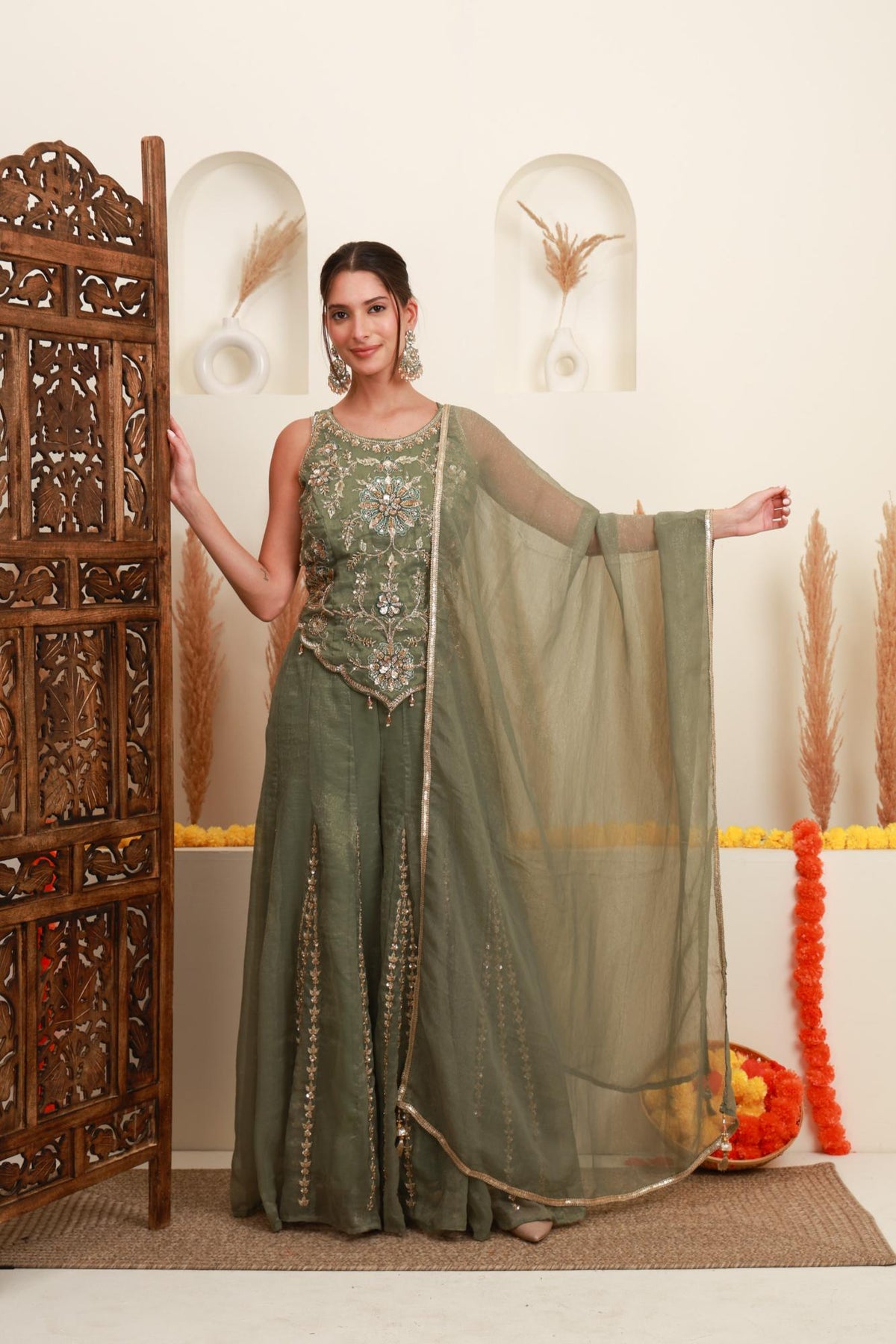 Sage Green Embroidered Sharara-Style Set with Dupatta