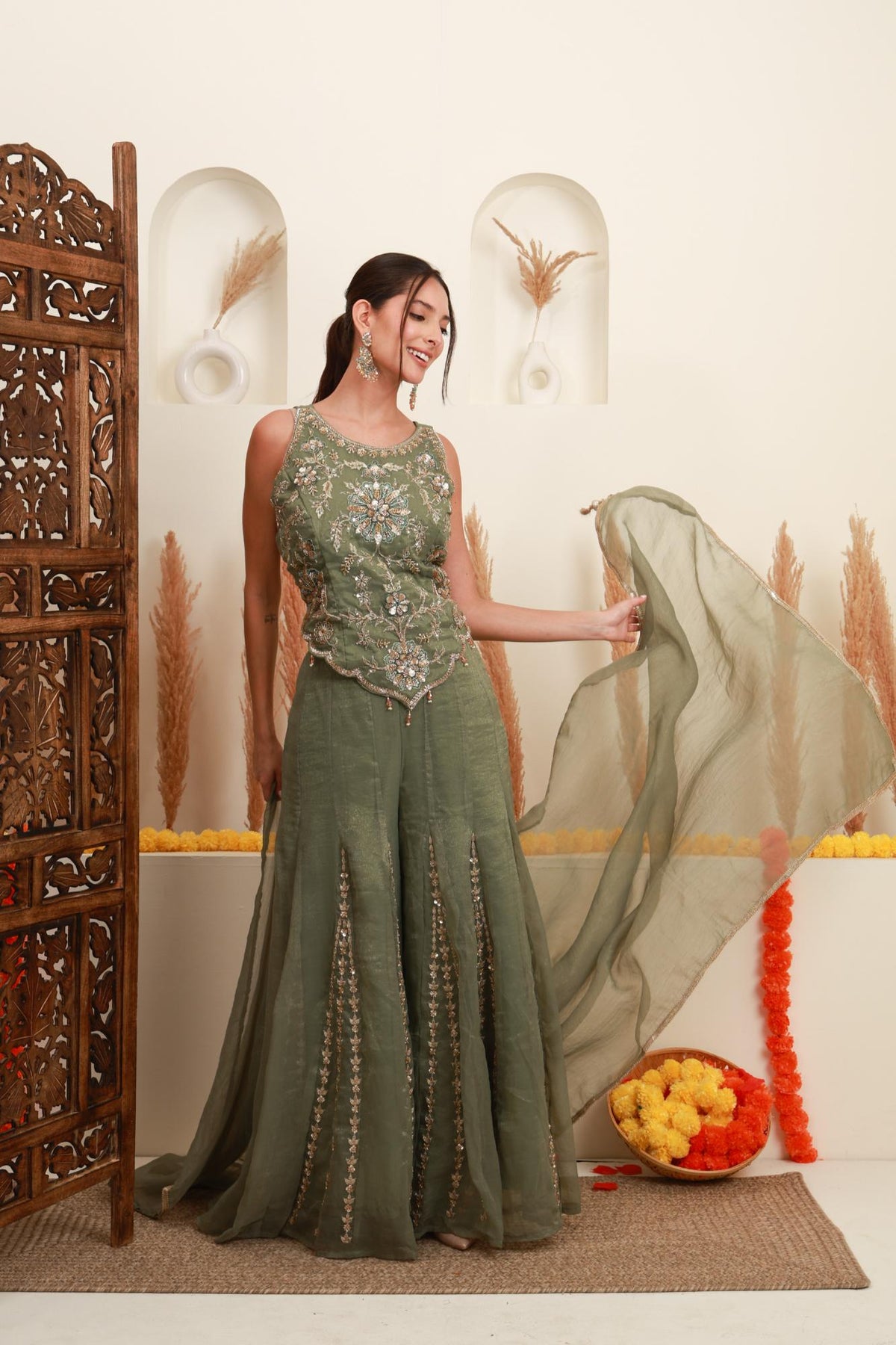 Sage Green Embroidered Sharara-Style Set with Dupatta