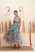 Sky blue multicolour floral dress for women with tiered skirt