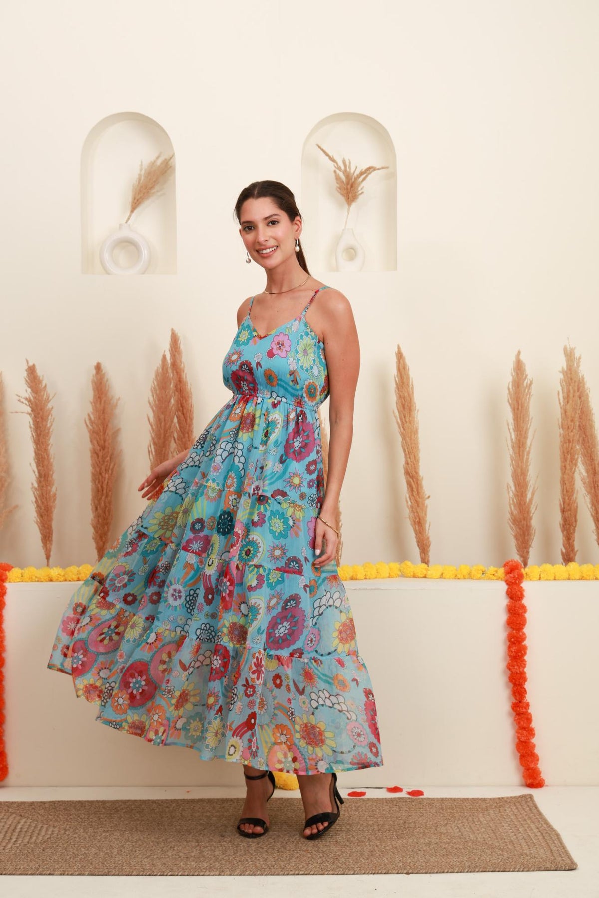 Sky blue multicolour floral dress for women with tiered skirt