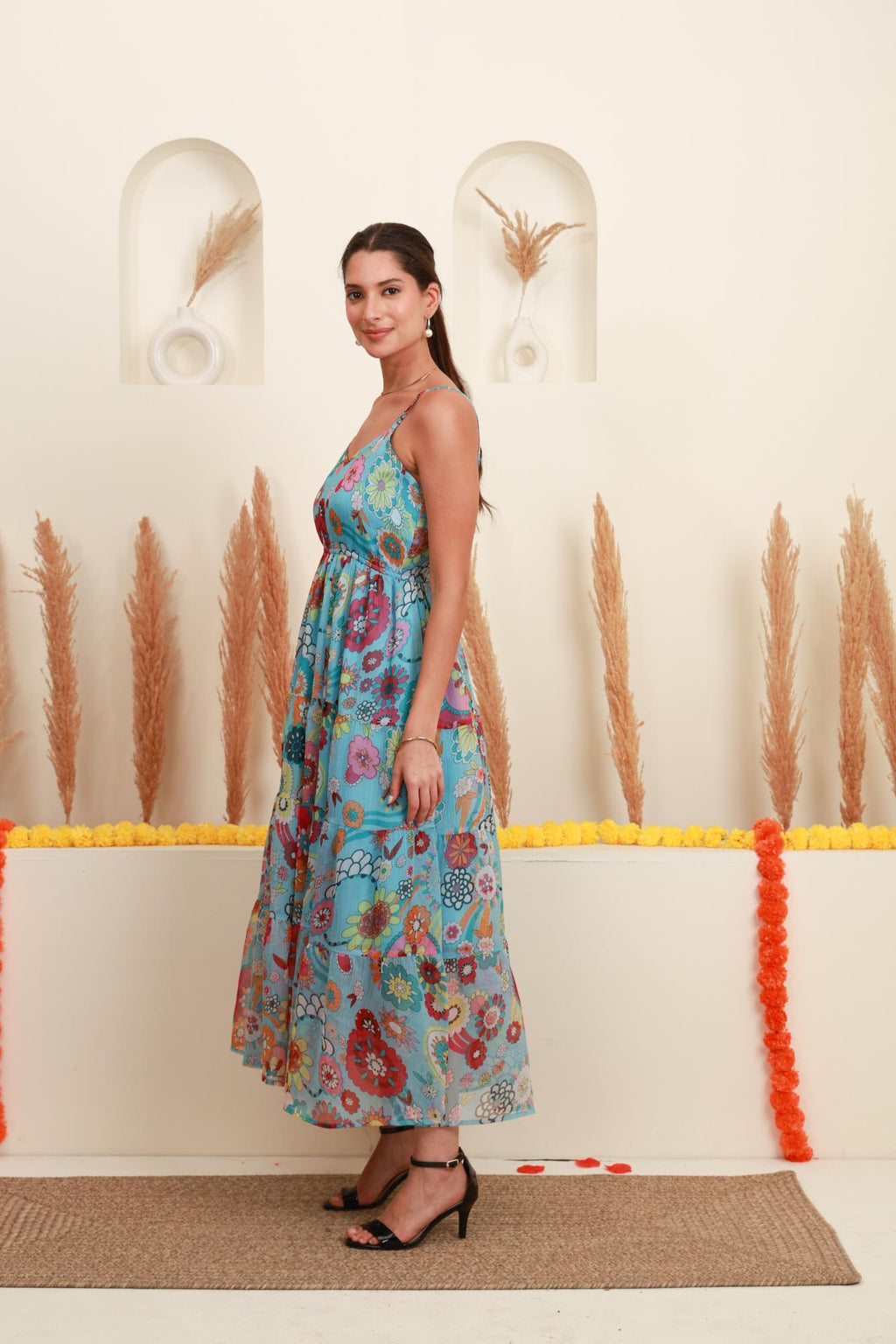 Sky Blue Multicolour Floral Dress
