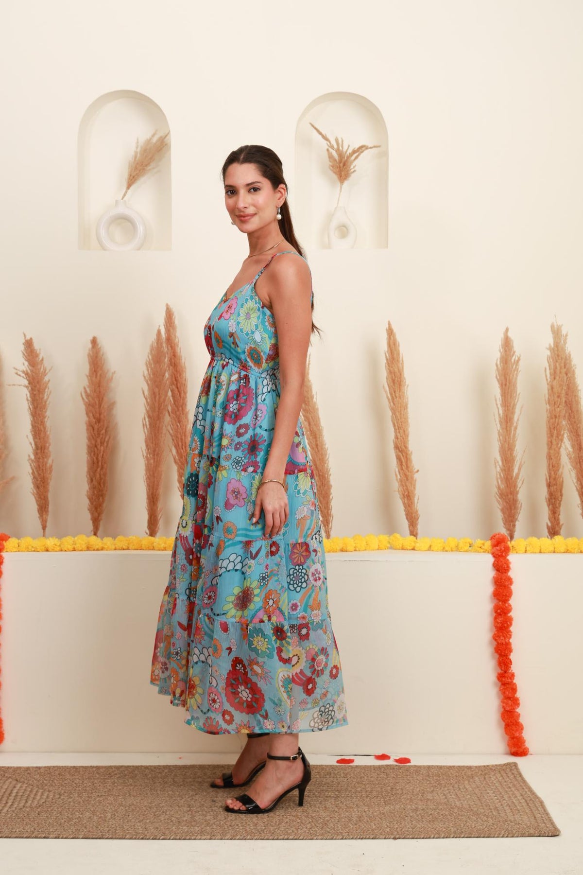 Sky Blue Multicolour Floral Dress
