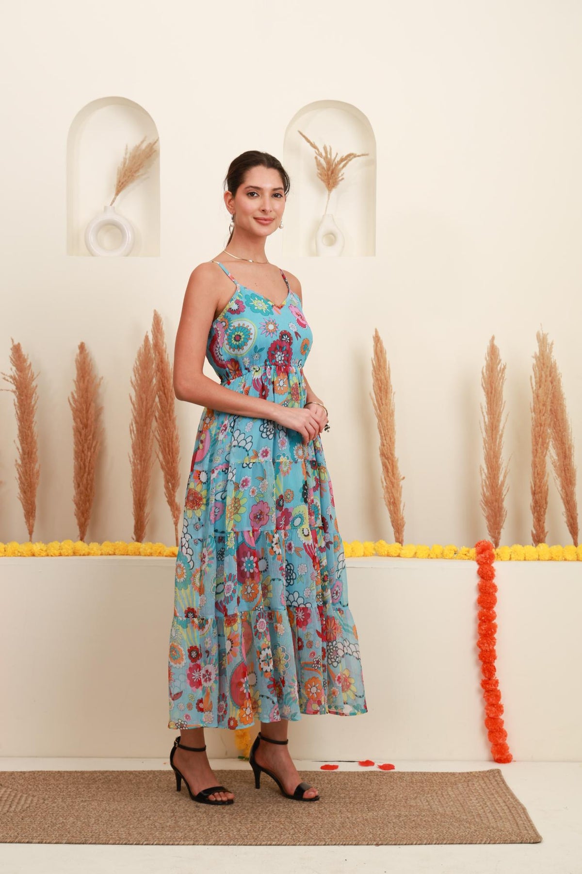 Sky Blue Multicolour Floral Dress