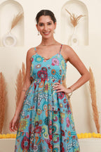 Sky Blue Multicolour Floral Dress