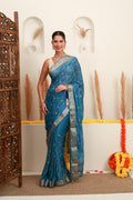 Teal Blue Gold Embellished Saree