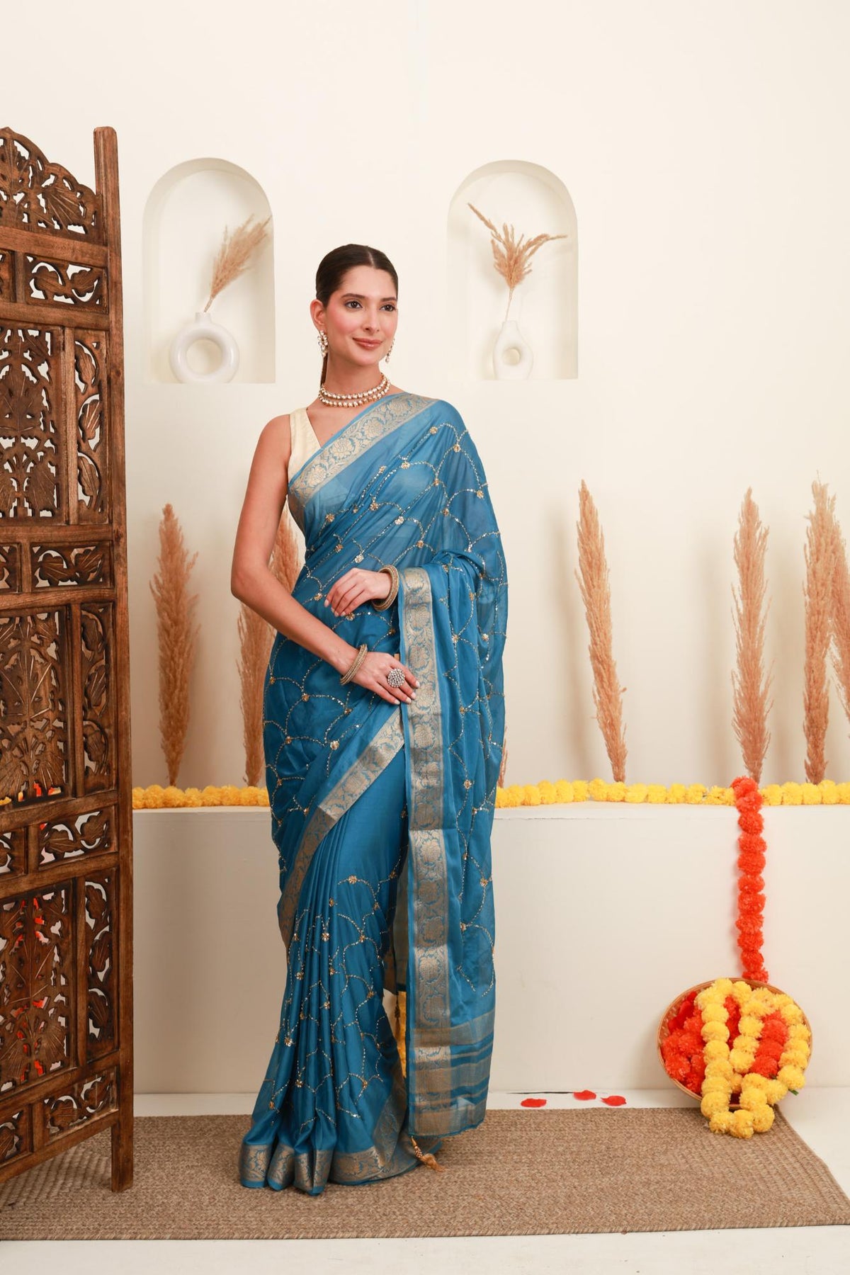 Teal Blue Gold Embellished Saree