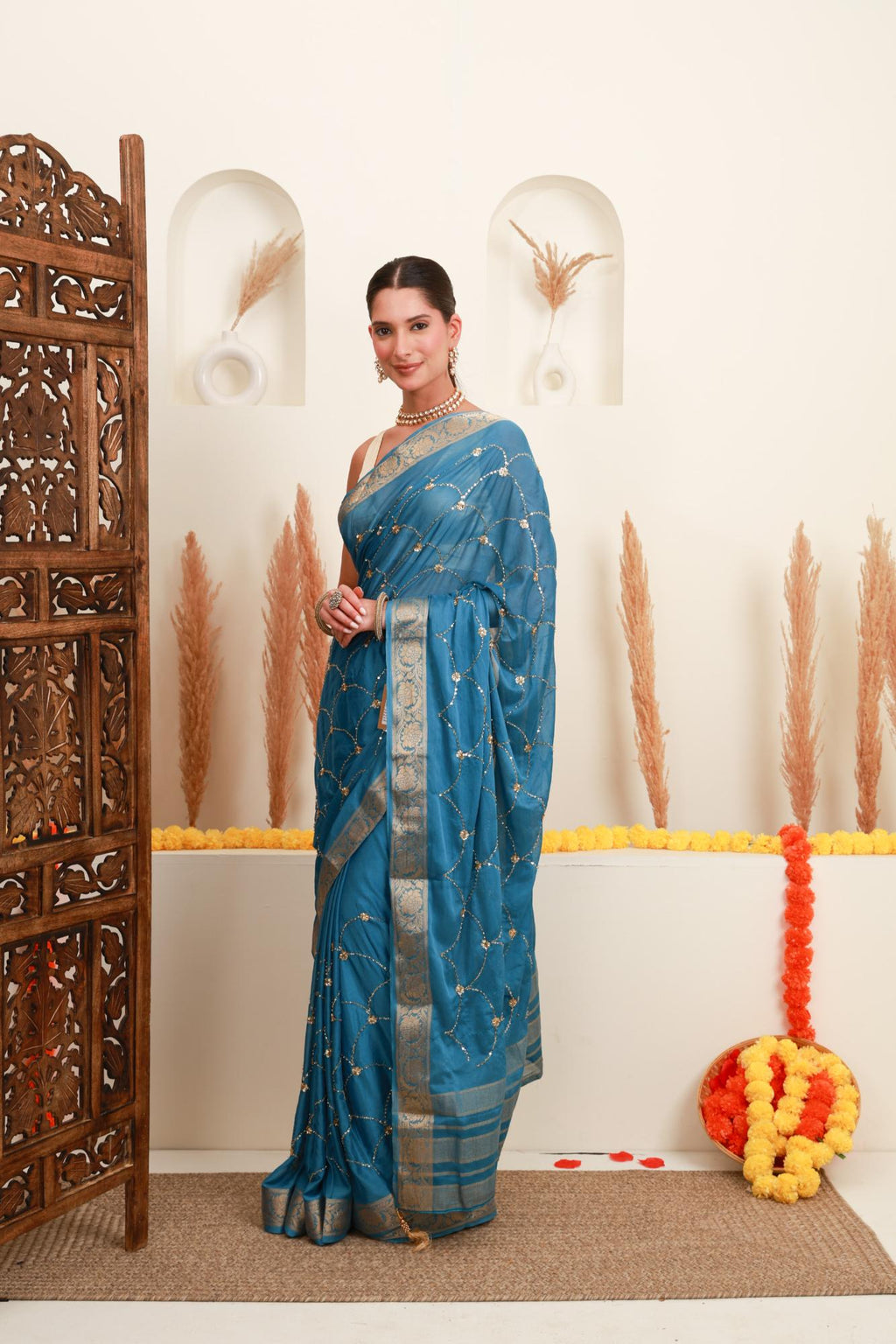 Teal Blue Gold Embellished Saree