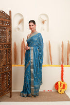 Teal Blue Gold Embellished Saree