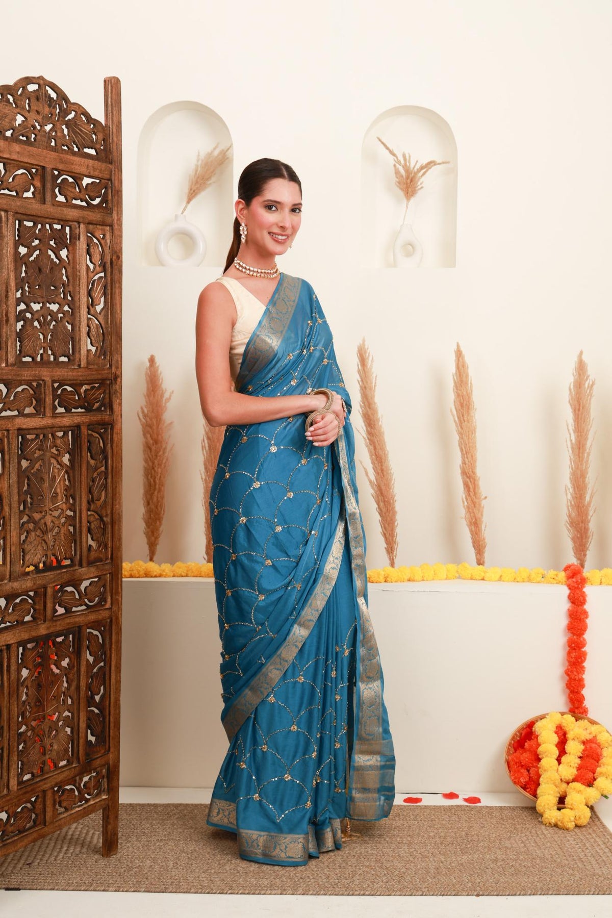 Teal Blue Gold Embellished Saree