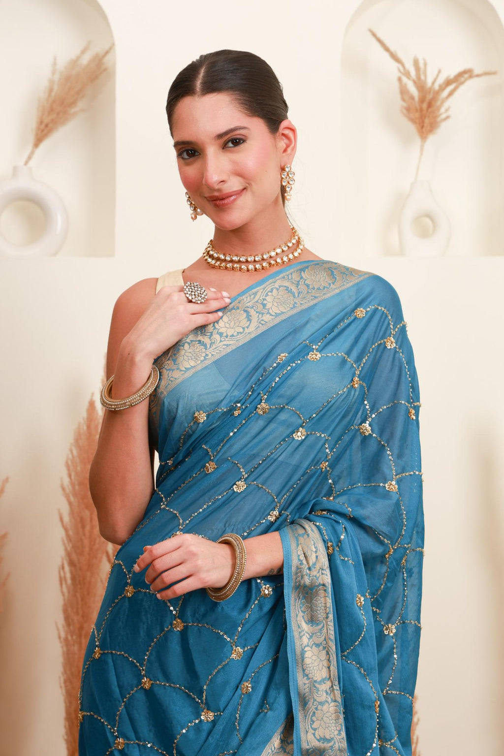 Teal Blue Gold Embellished Saree