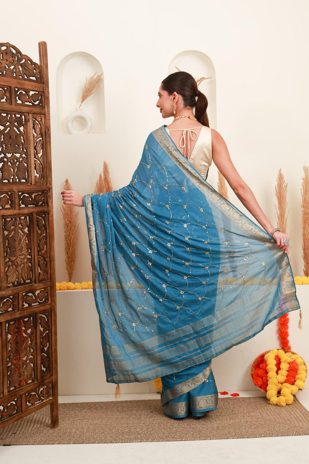Teal Blue Gold Embellished Saree