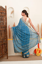 Teal Blue Gold Embellished Saree