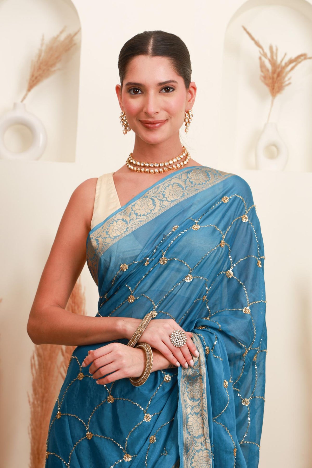 Teal Blue Gold Embellished Saree Front 