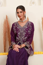 Wine purple embroidered kurta palazzo set for women with floral embroidery