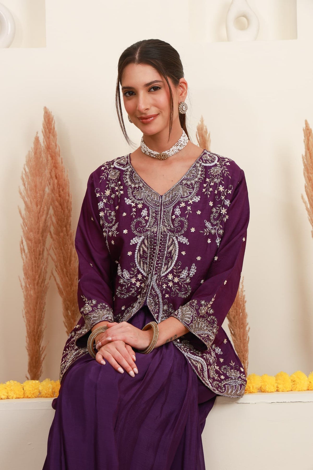 Wine purple embroidered kurta palazzo set for women with floral embroidery
