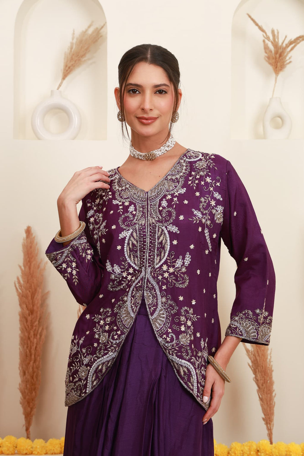 Wine purple embroidered kurta palazzo set for women with floral embroidery10
