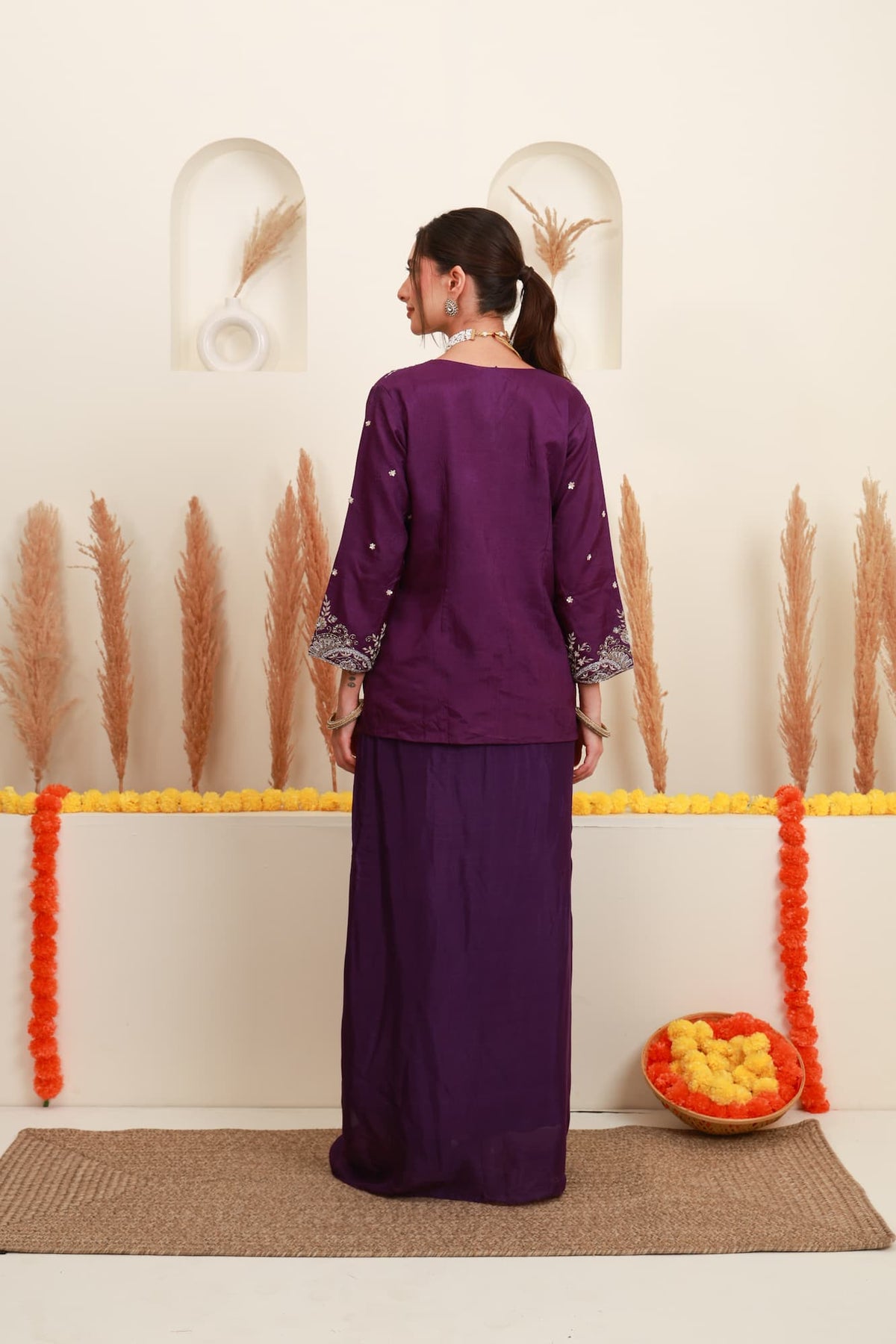 Wine purple embroidered kurta palazzo set for women with floral embroidery3