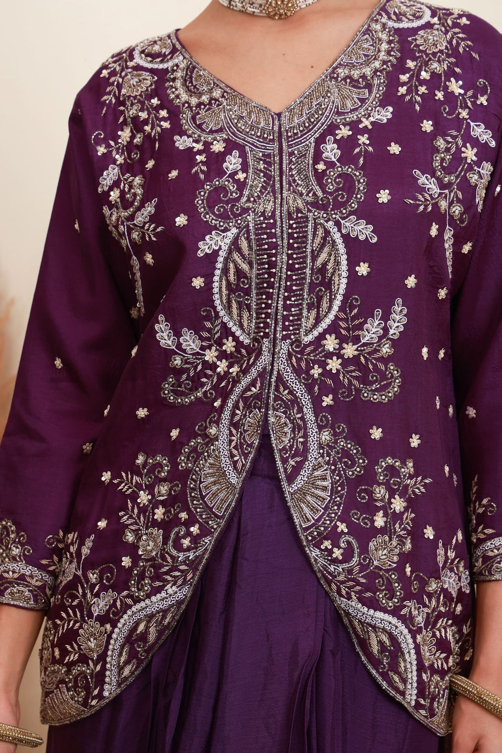Wine purple embroidered kurta palazzo set for women with floral embroidery4