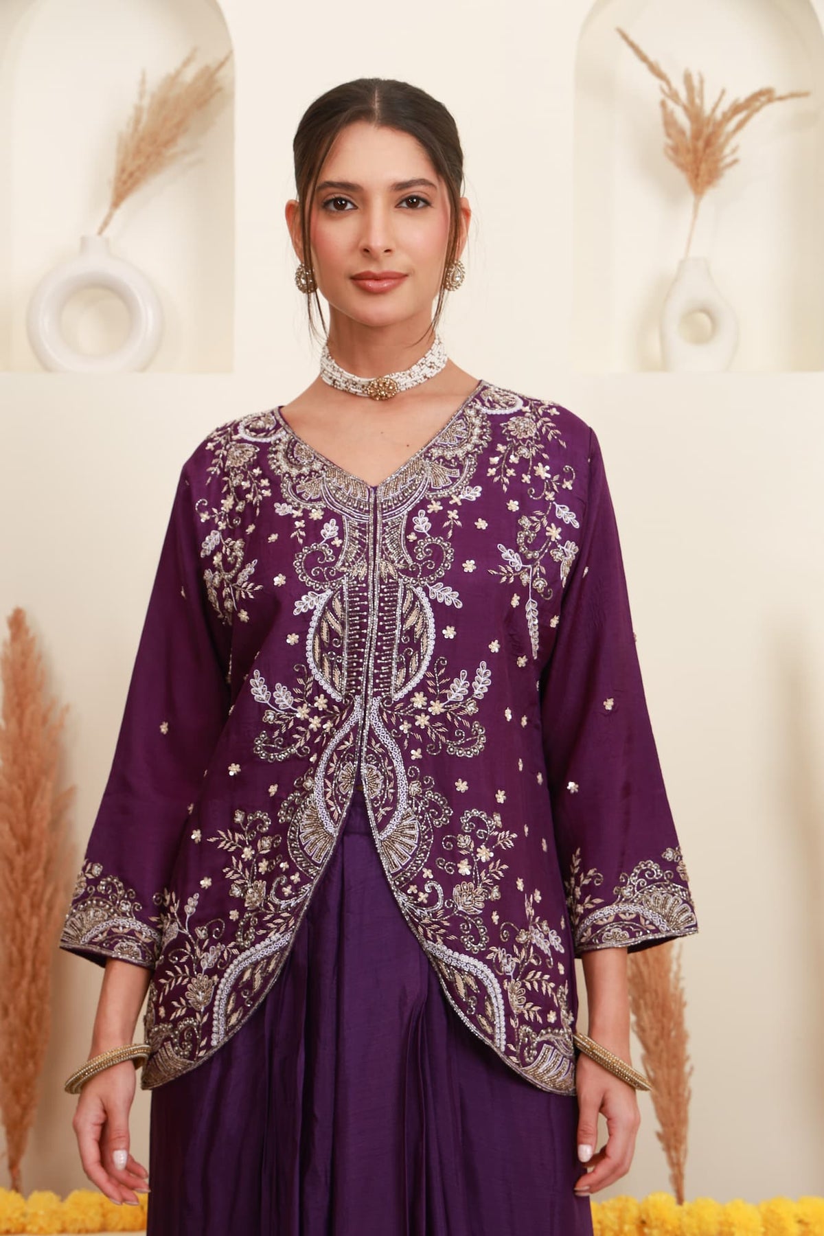 Wine purple embroidered kurta palazzo set for women with floral embroidery6