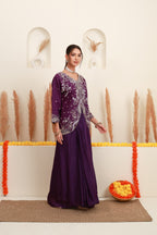 Wine purple embroidered kurta palazzo set for women with floral embroidery7