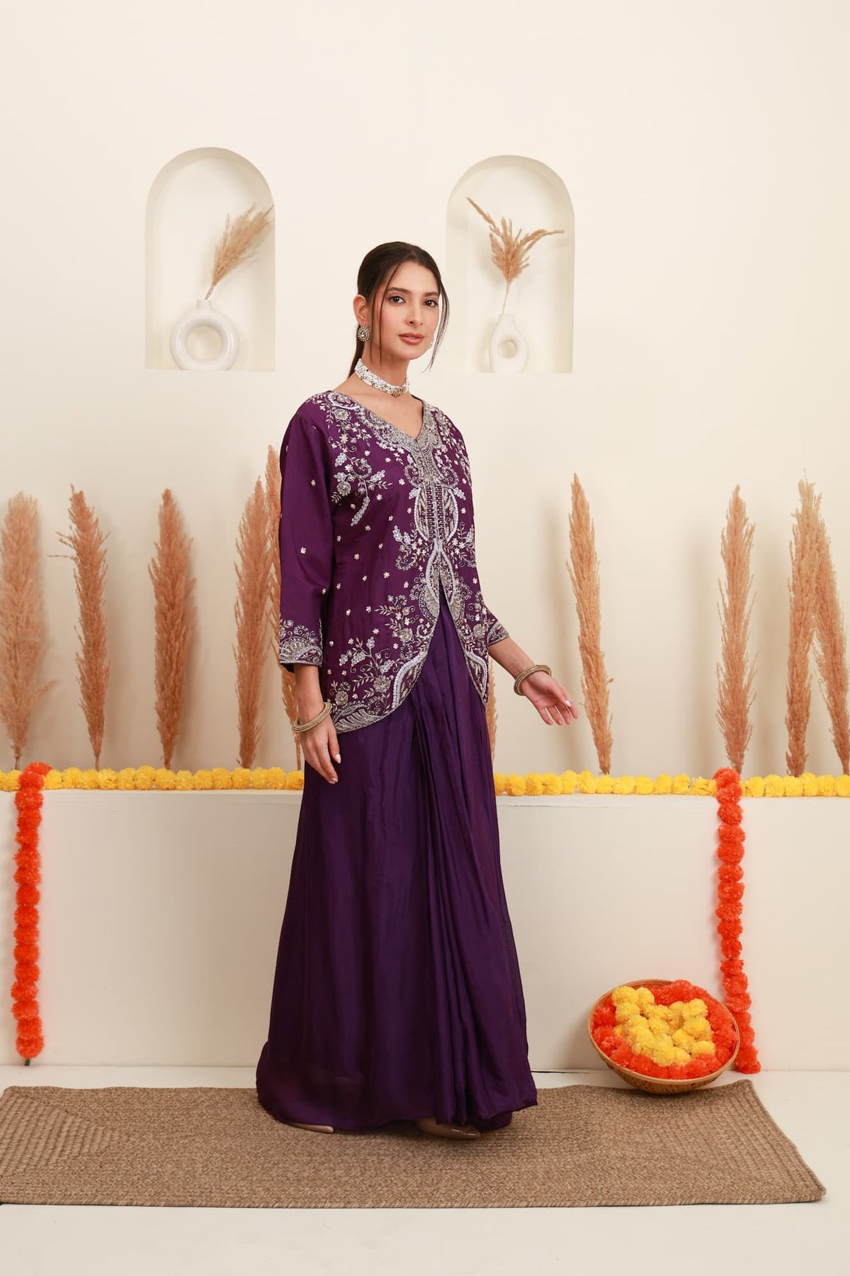 Wine purple embroidered kurta palazzo set for women with floral embroidery7