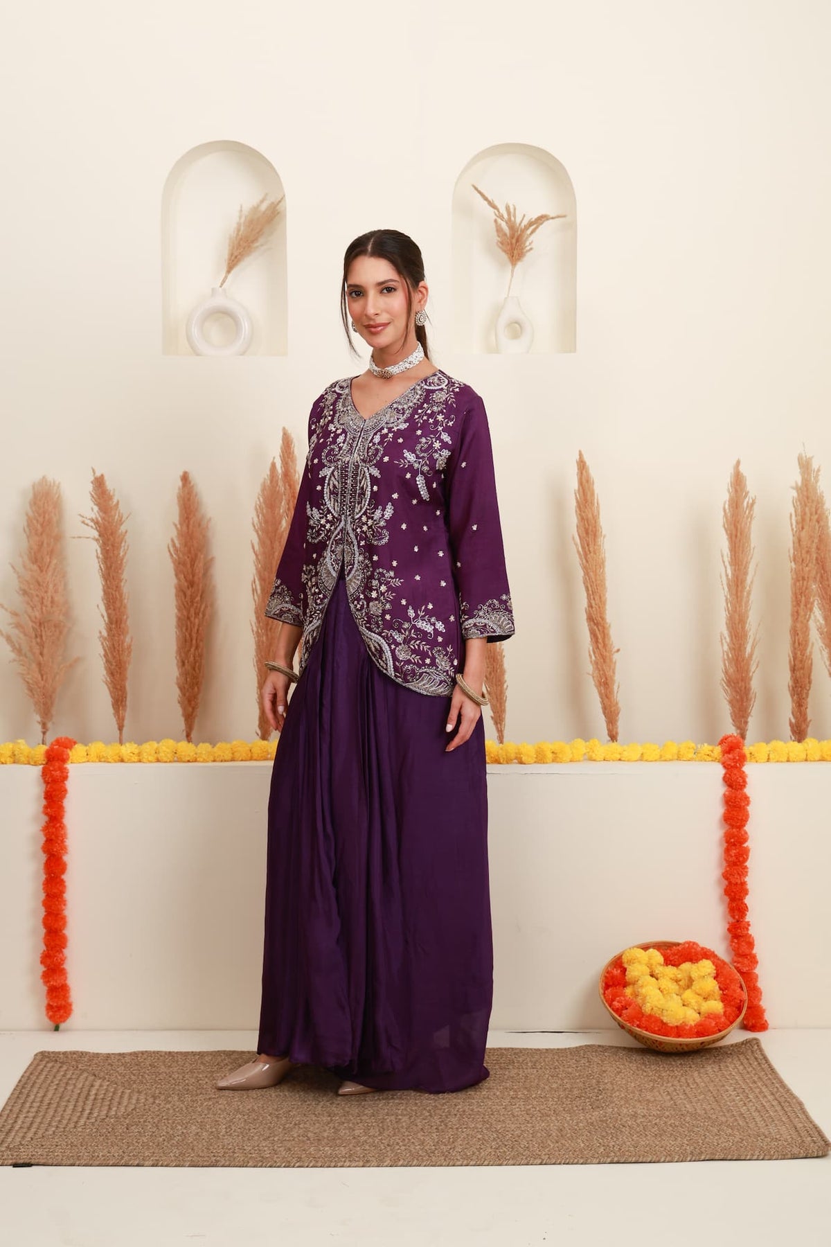 Wine purple embroidered kurta palazzo set for women with floral embroidery8