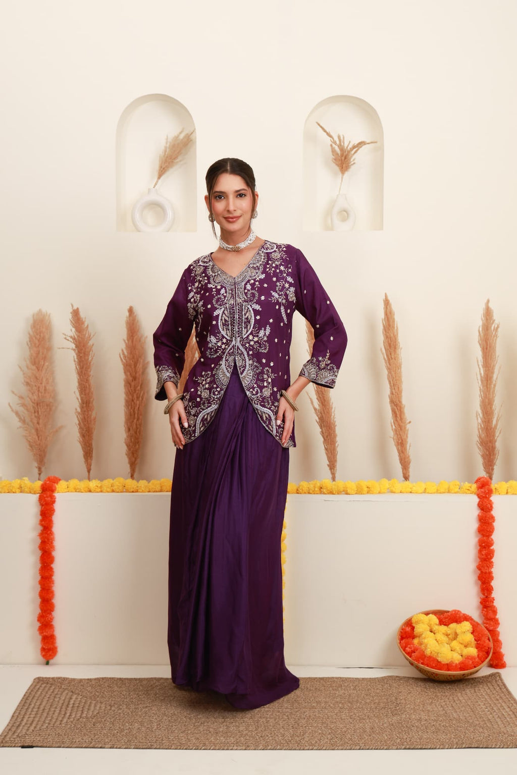 Wine purple embroidered kurta palazzo set for women with floral embroidery9