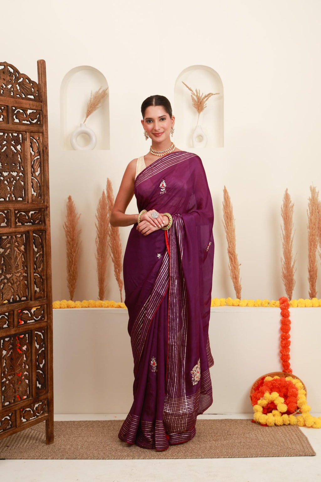 Wine purple silver embellished saree for women with striped border