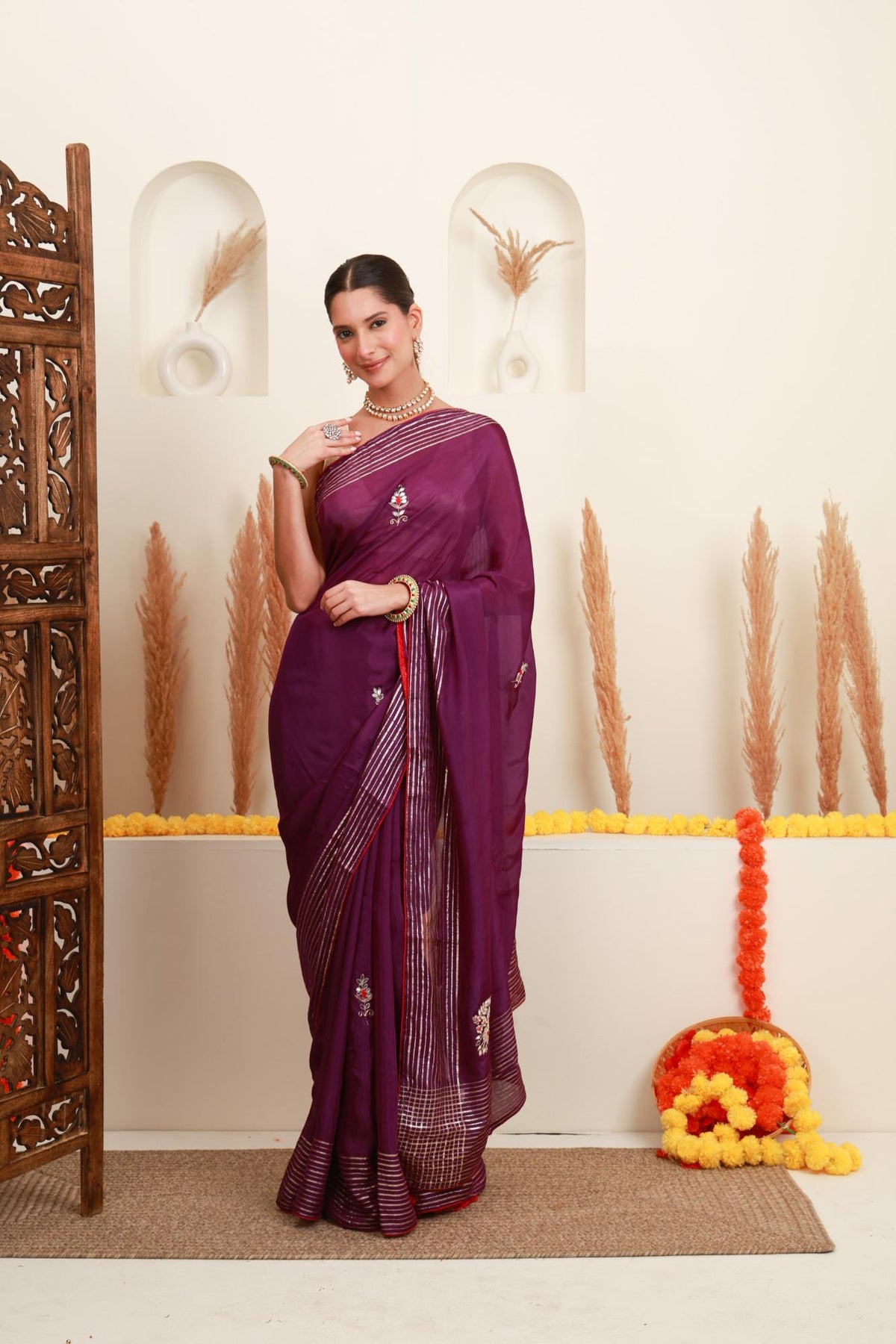Wine Purple Silver Embellished Saree