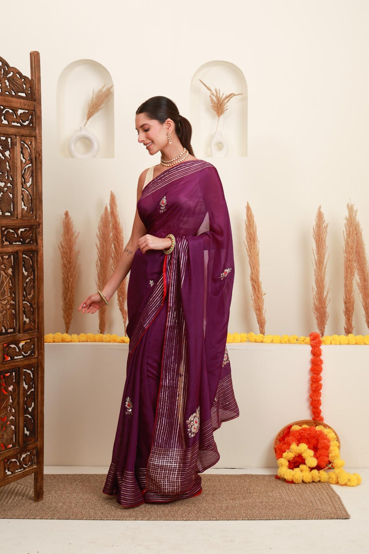 Wine Purple Silver Embellished Saree