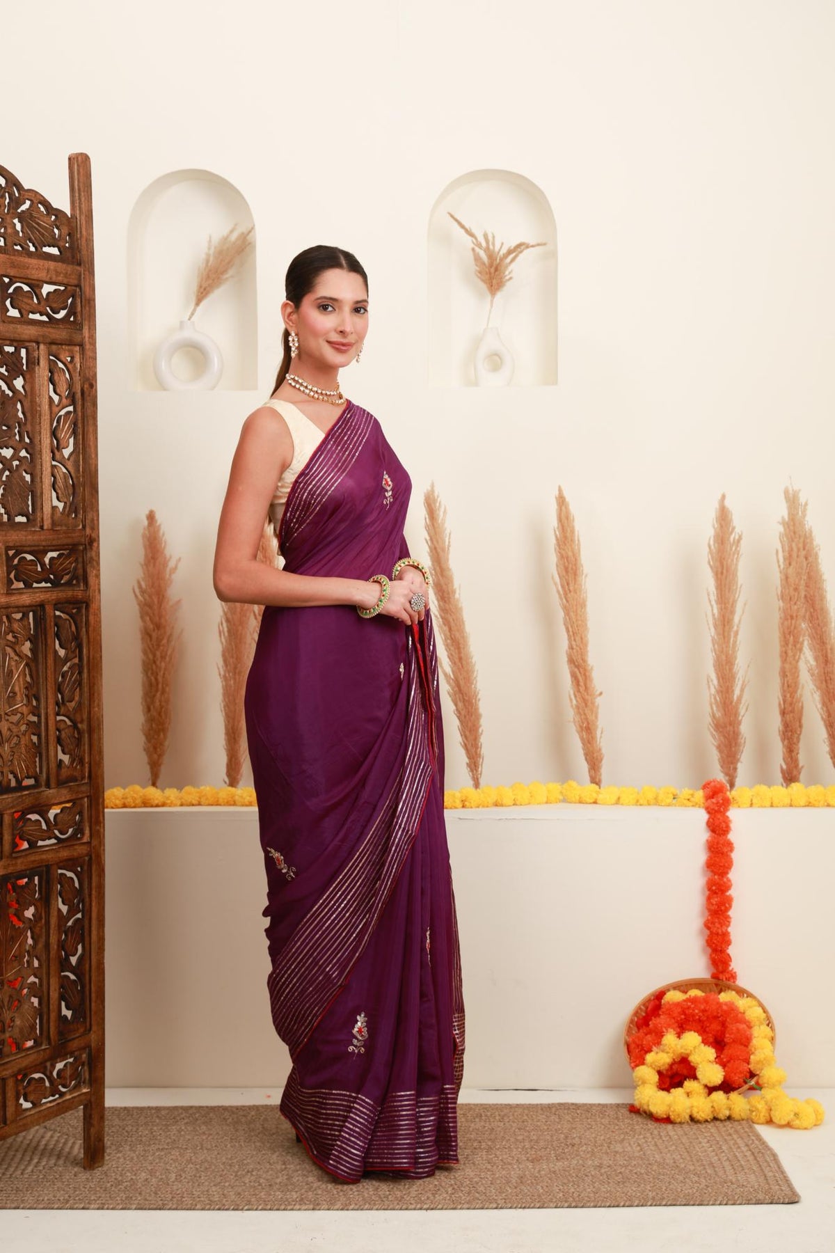 Wine Purple Silver Embellished Saree