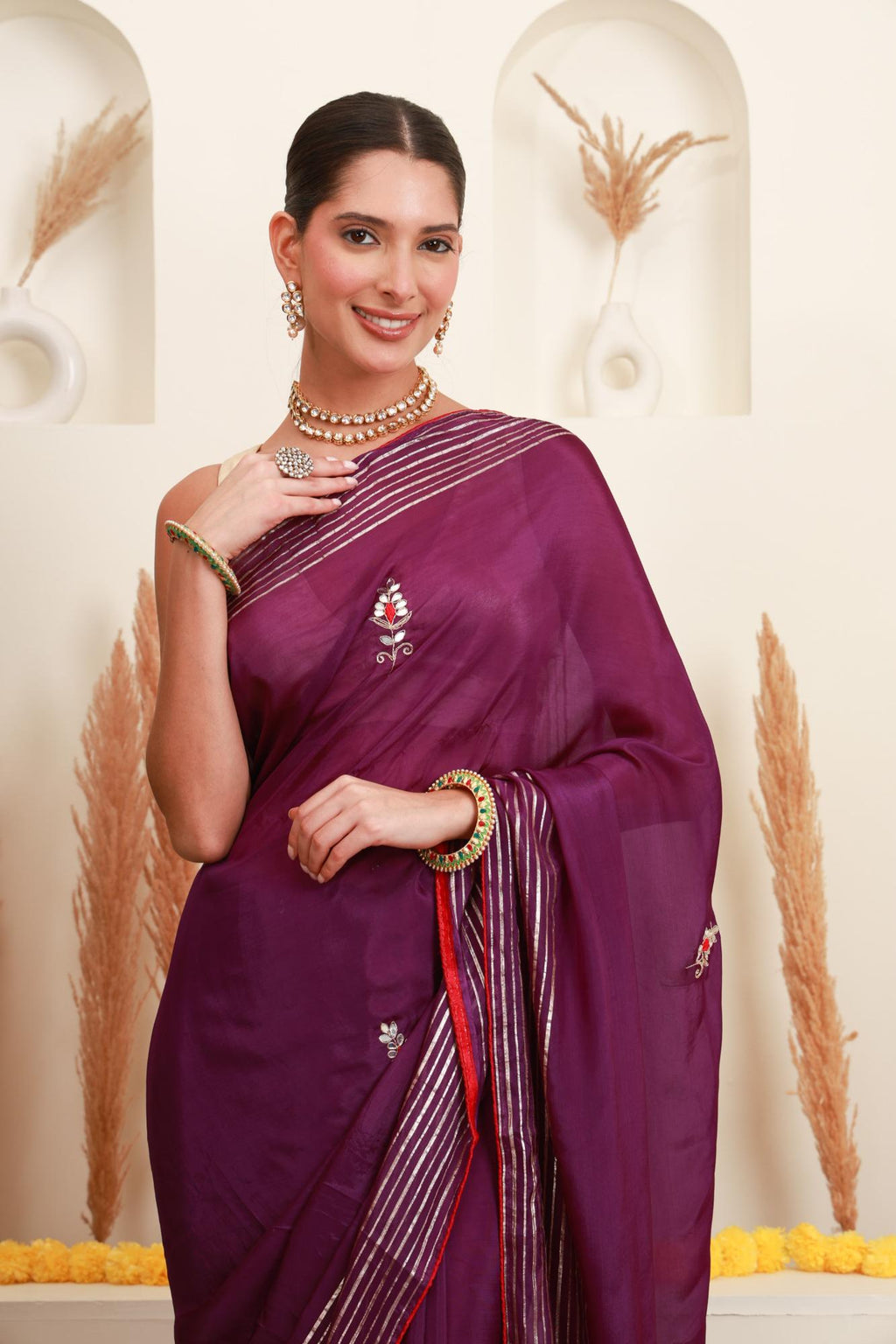 Wine Purple Silver Embellished Saree
