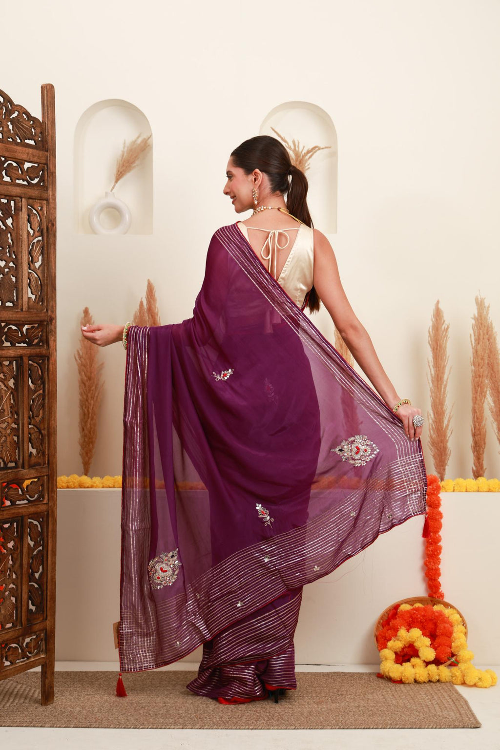 Wine Purple Silver Embellished Saree