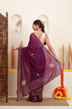 Wine Purple Silver Embellished Saree
