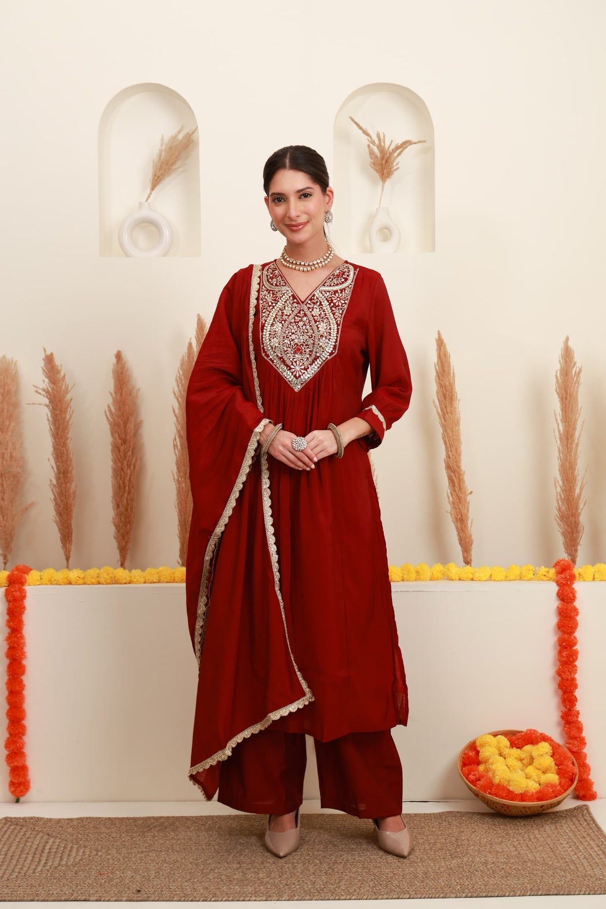 Wine Red Embroidered Flared Kurta Set with Dupatta