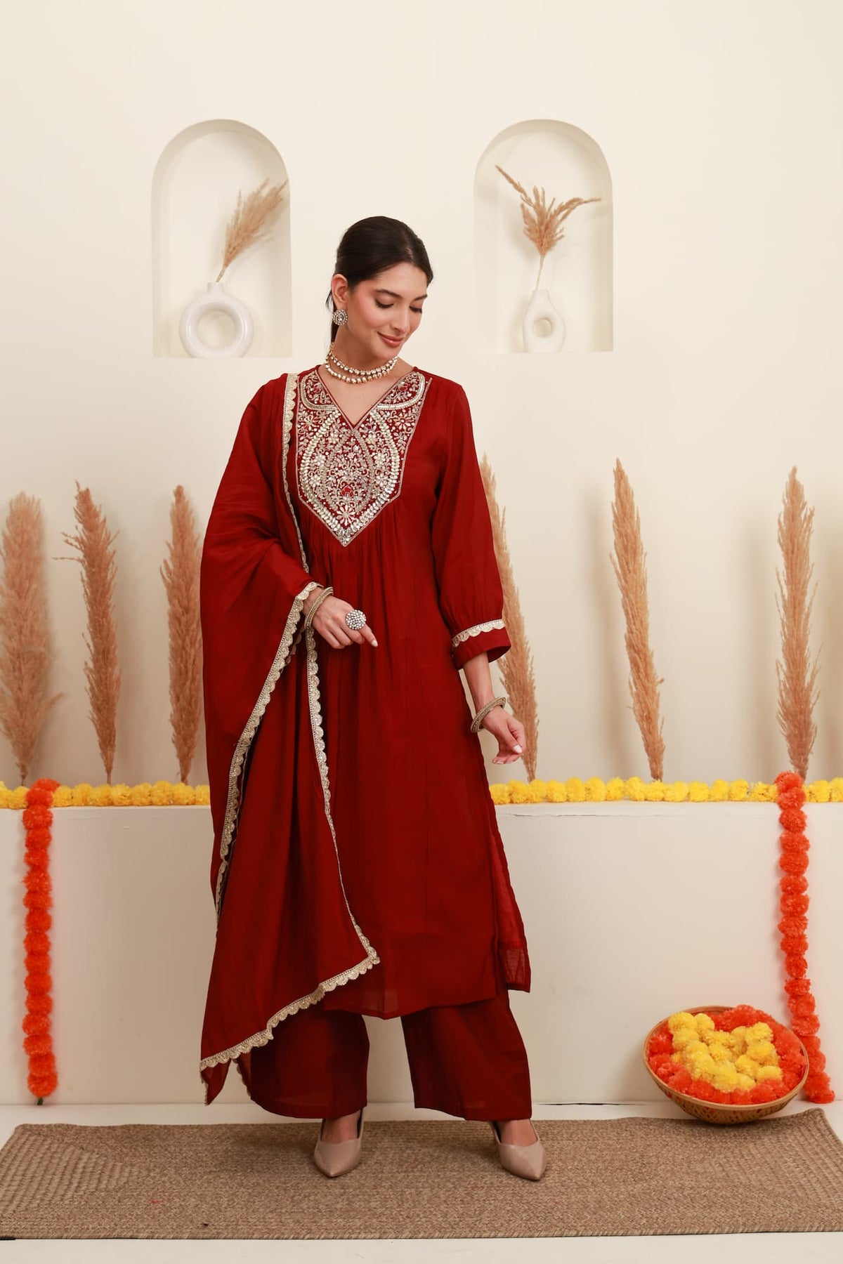 Wine Red Embroidered Flared Kurta Set with Dupatta