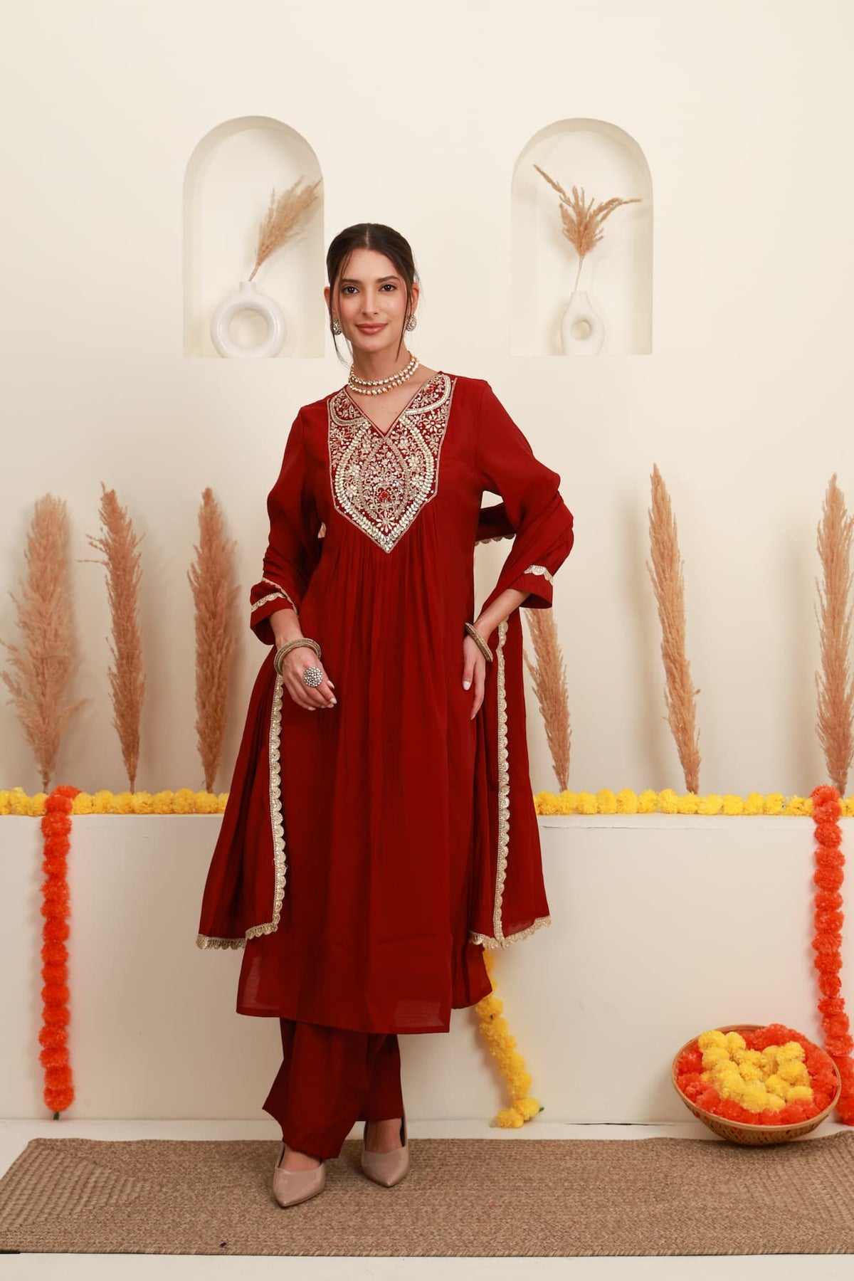Wine Red Embroidered Flared Kurta Set with Dupatta