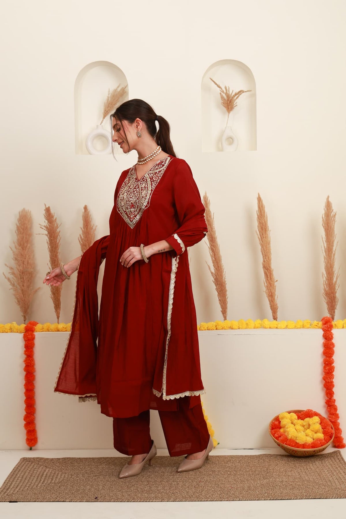 Wine Red Embroidered Flared Kurta Set with Dupatta