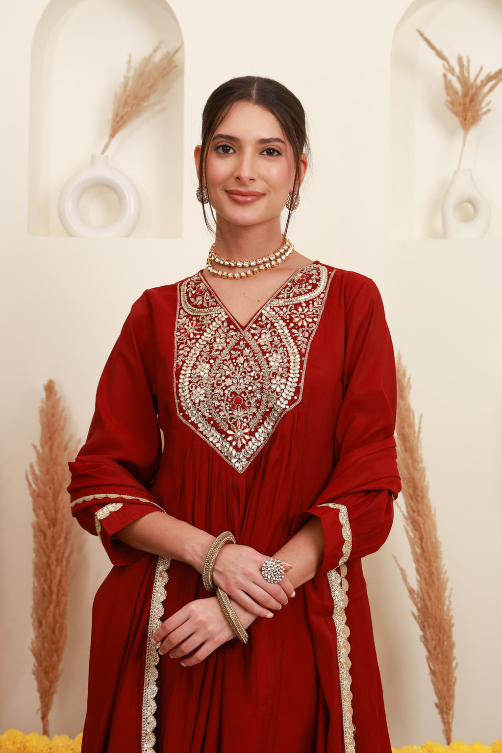 Wine Red Embroidered Flared Kurta Set with Dupatta