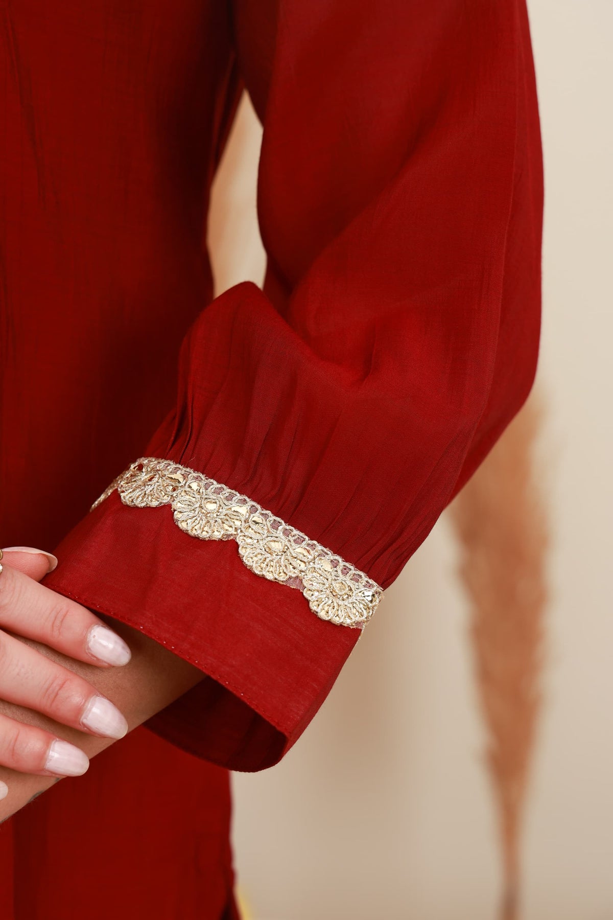 Wine Red Embroidered Flared Kurta Set with Dupatta