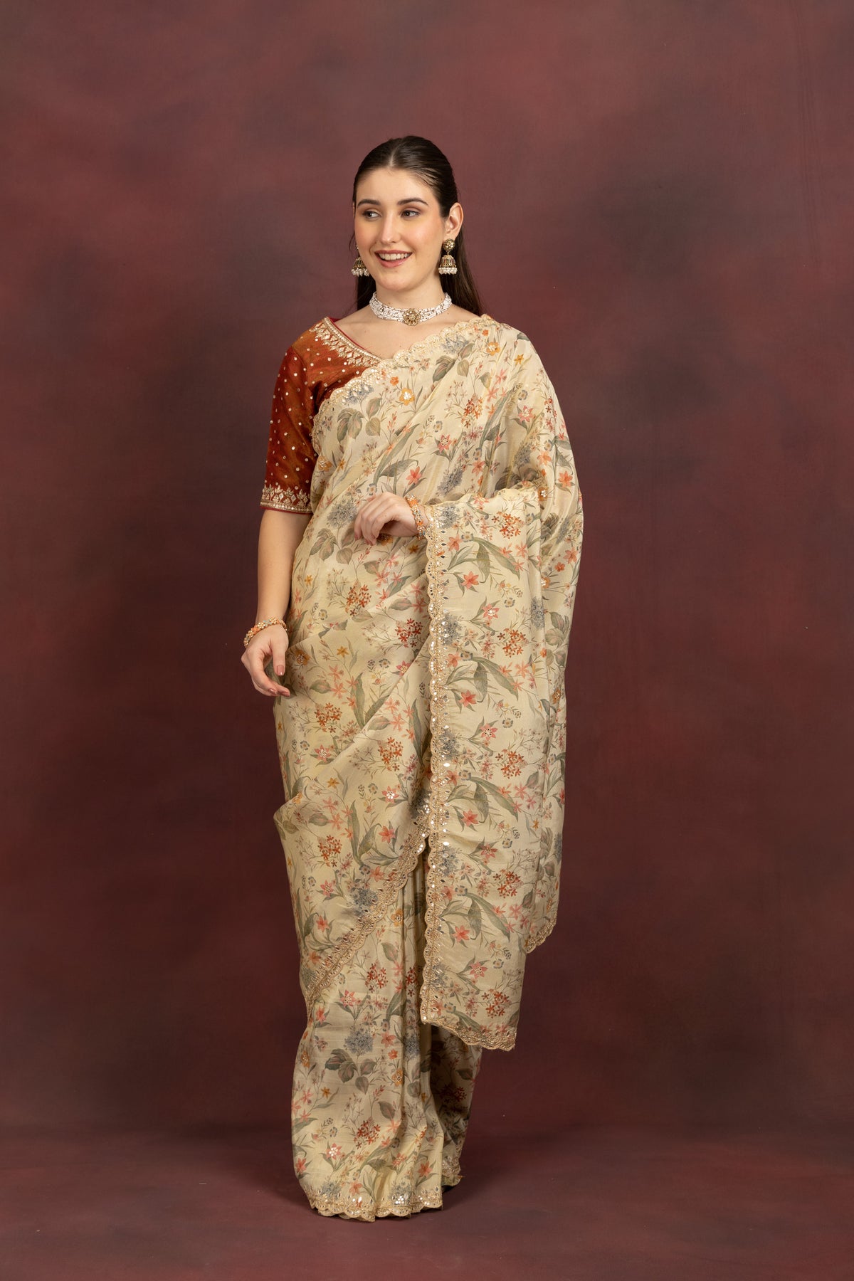 Women's Beige Floral Printed Organza Saree Far Design Look