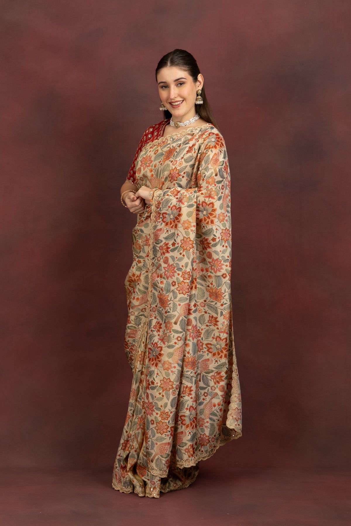 Women's Beige Floral Printed Saree Right look Design