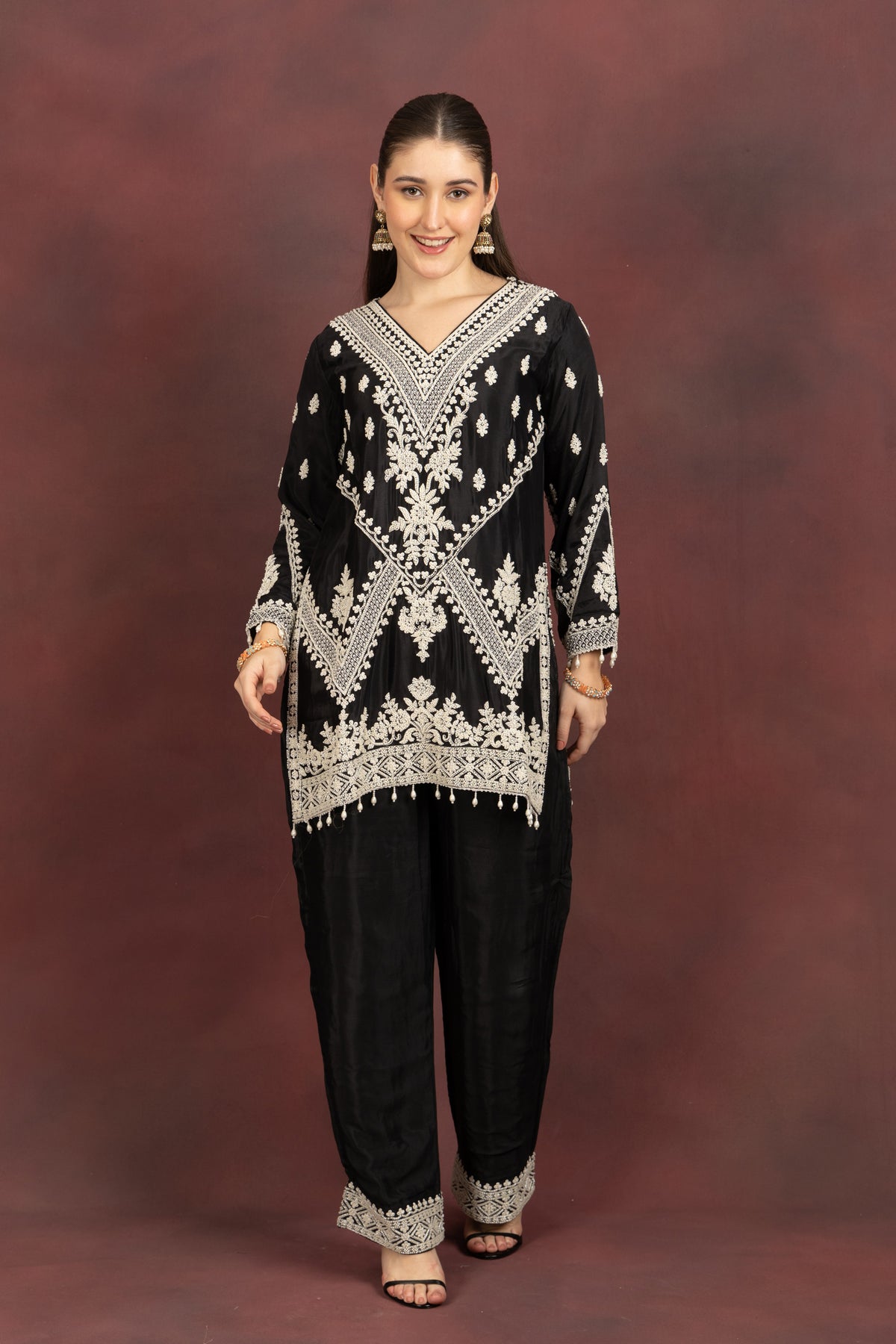 Women's Black Embroidered Farshi Salwar Set with Dupatta