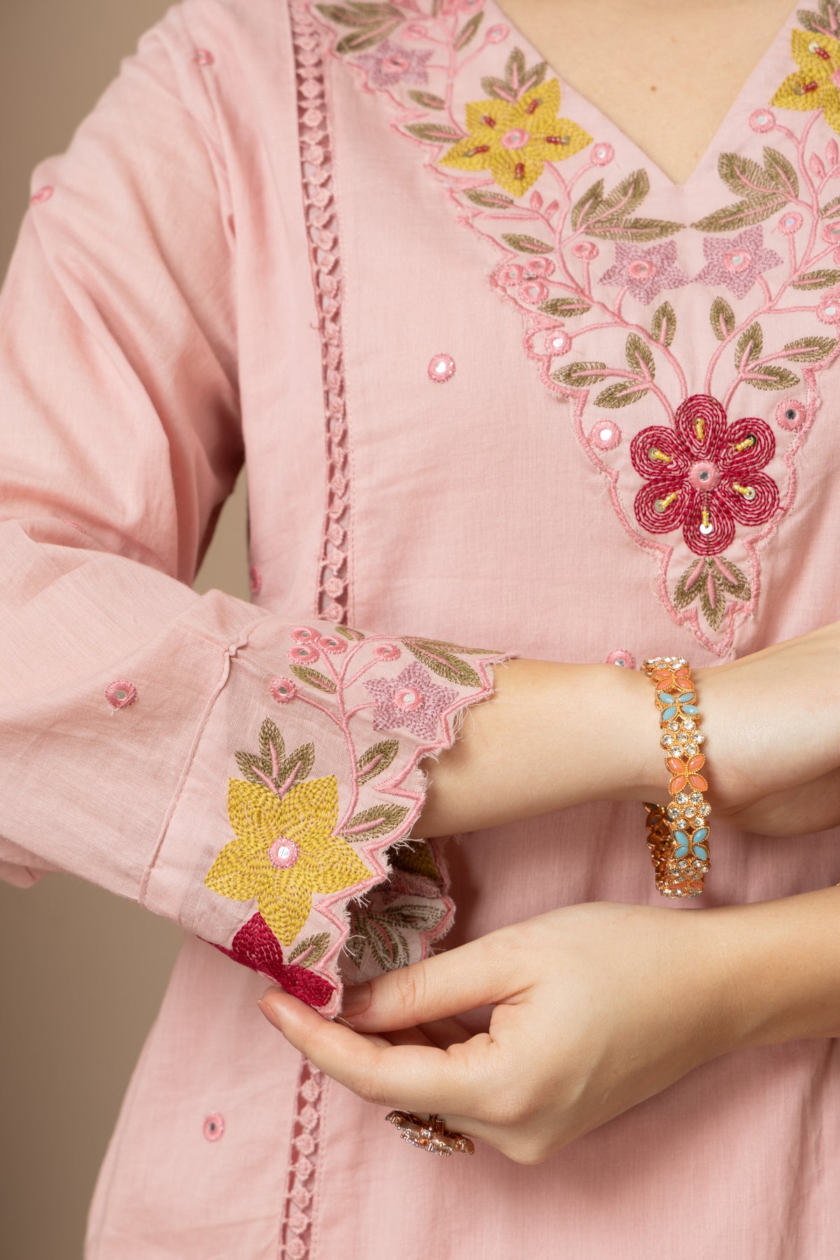 Women's Blush Pink Embroidered Kurta Palazzo Set with Dupatta Hand Design