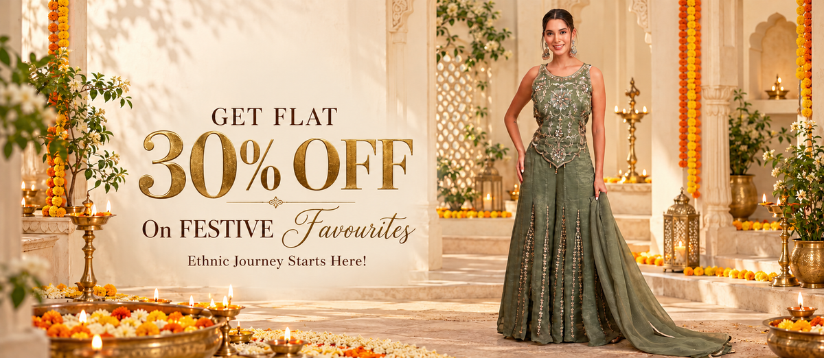 Get flat 30% off on festive favourites. Ethnic Journey Starts Here! Sage green embroidered sharara set.