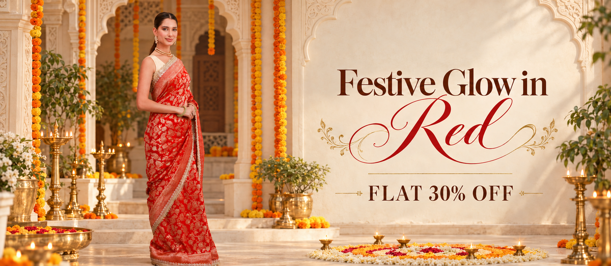 Festive Glow in Red. Flat 30% off. Red gold floral Banarasi-style saree.