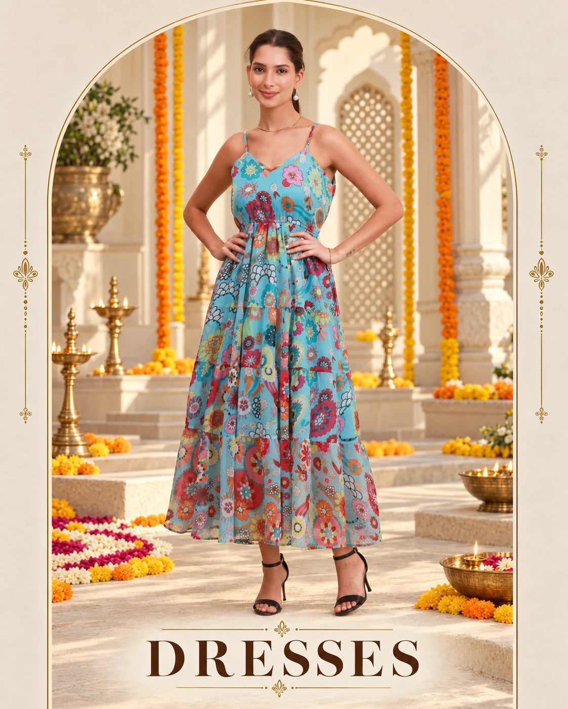 Dresses — sky blue multicolour floral dress in a Diwali courtyard.