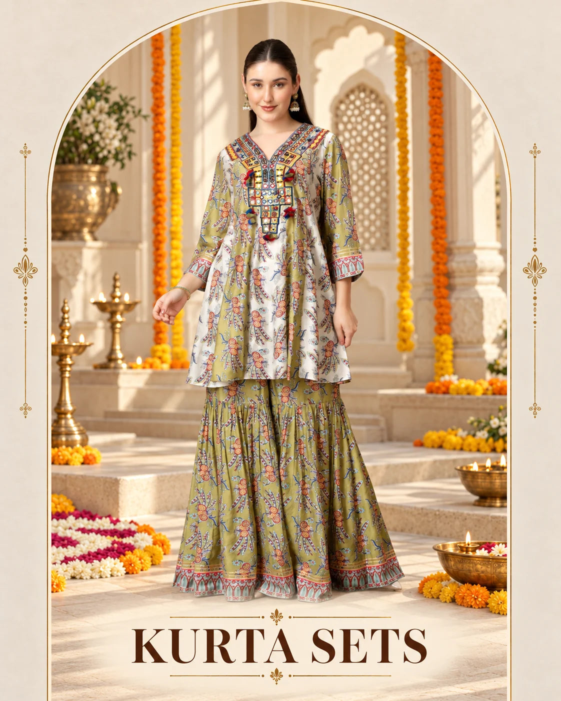 Kurta Sets — olive green printed kurta with sharara set.
