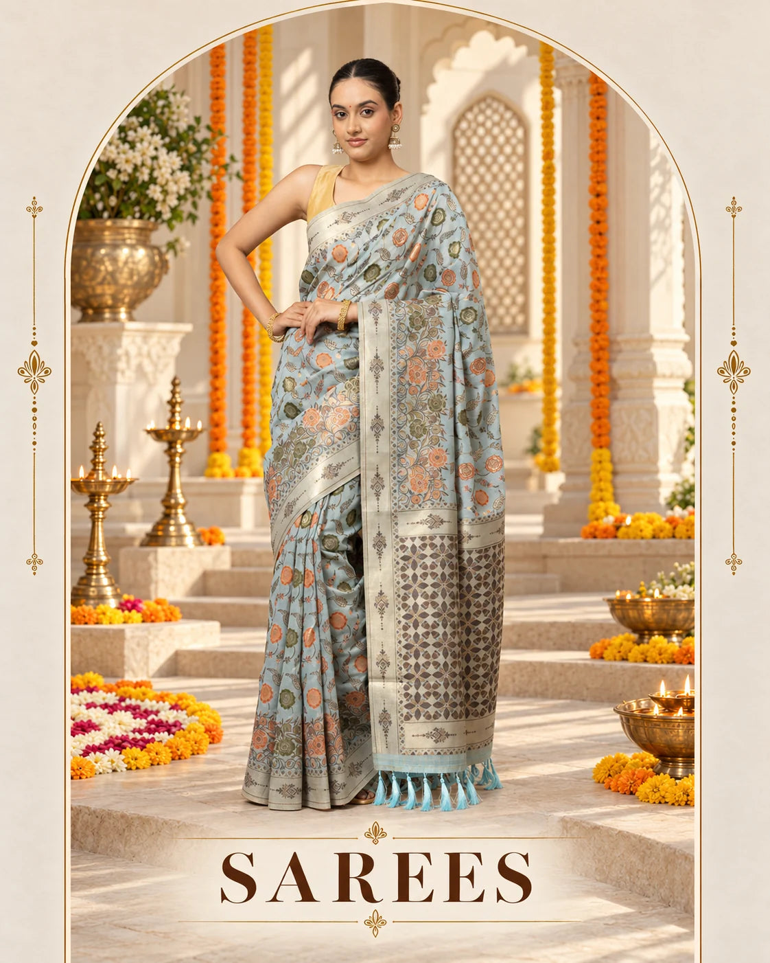 Sarees — powder blue floral linen saree in a Diwali courtyard.