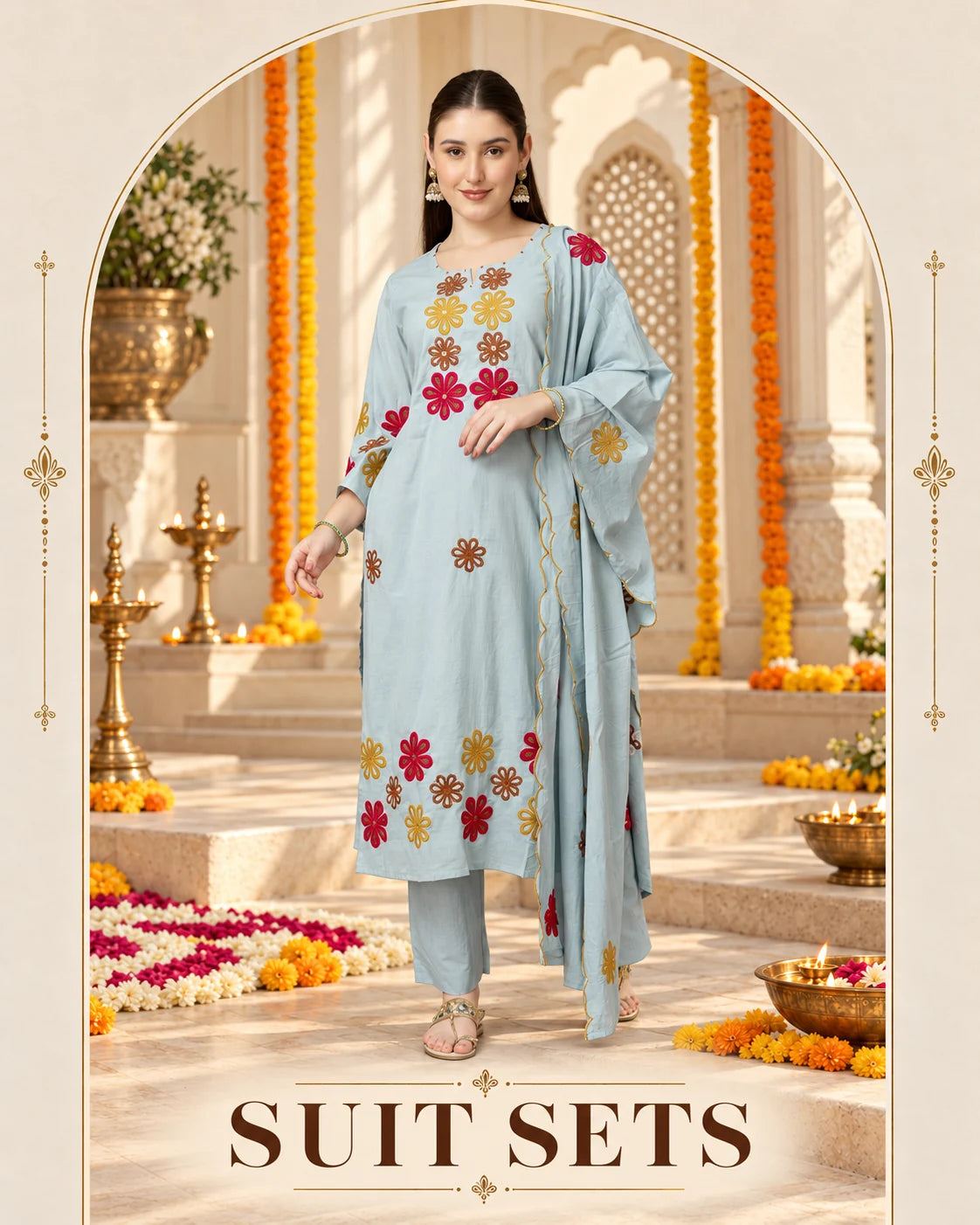 Suit Sets — sky blue embroidered three-piece ethnic suit set.